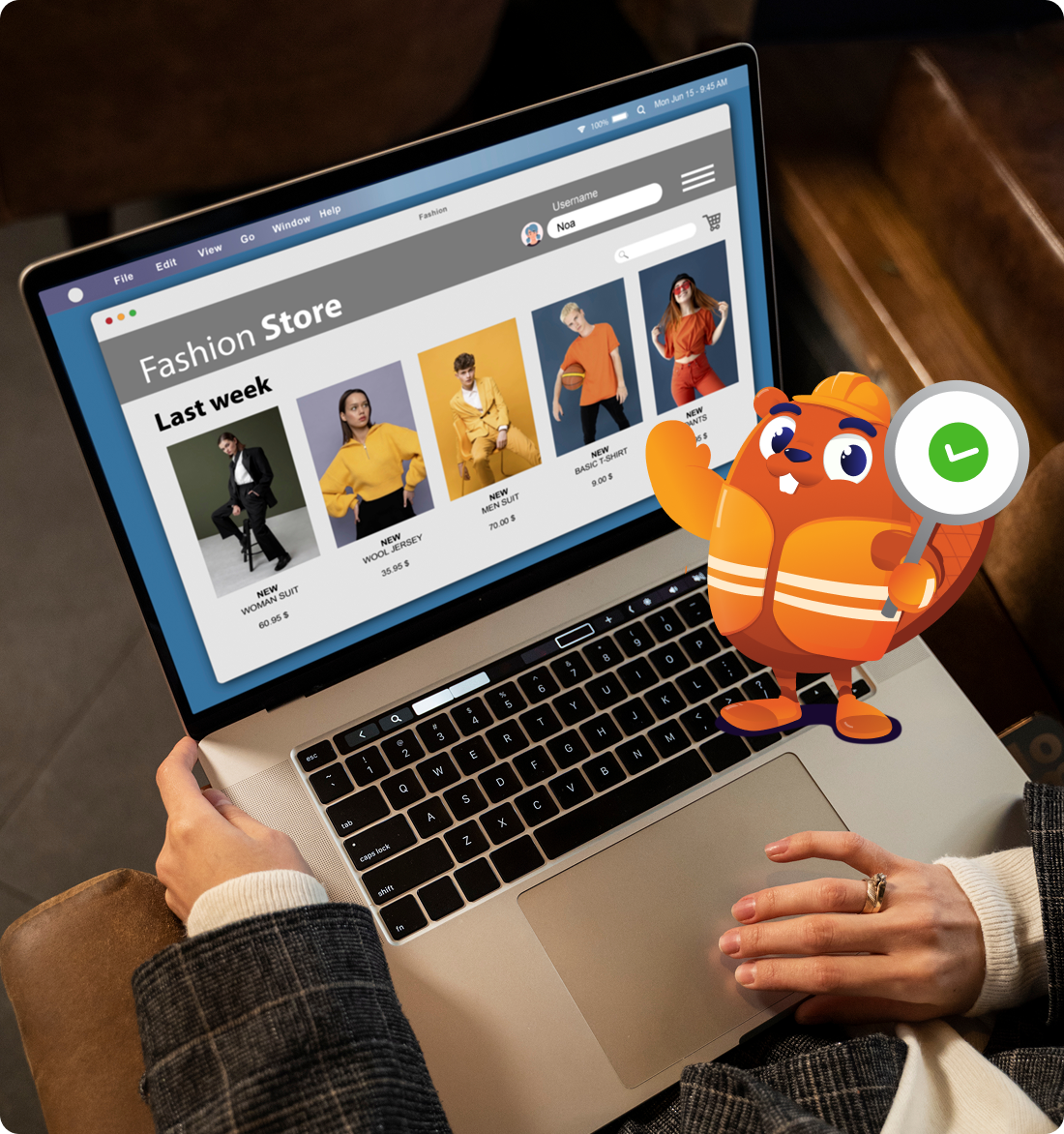 Hands using a laptop running a Shopify fashion store with Damian mascot showing a verified checkmark