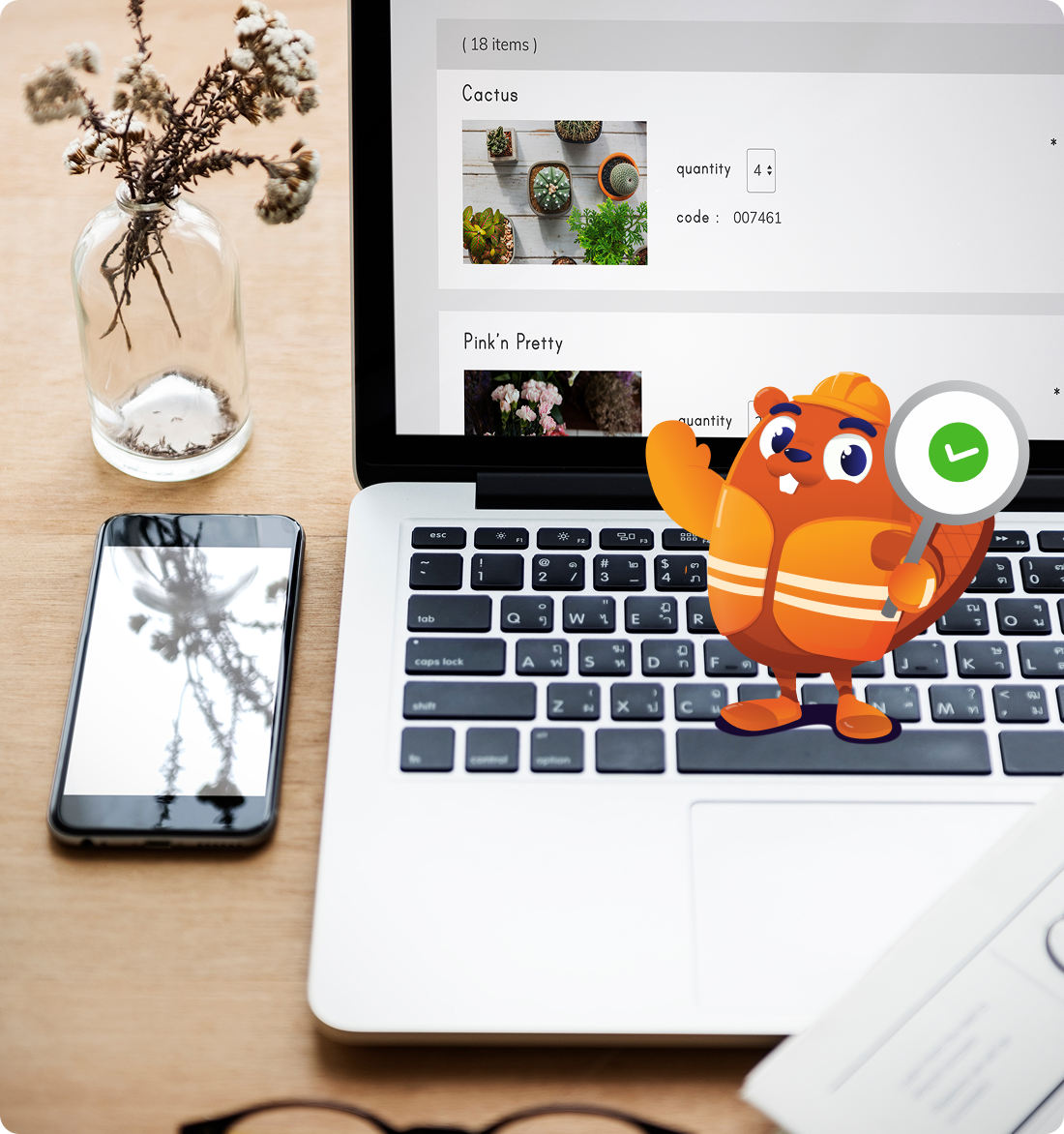 Laptop running a Shopline store with Damian mascot showing a verified checkmark