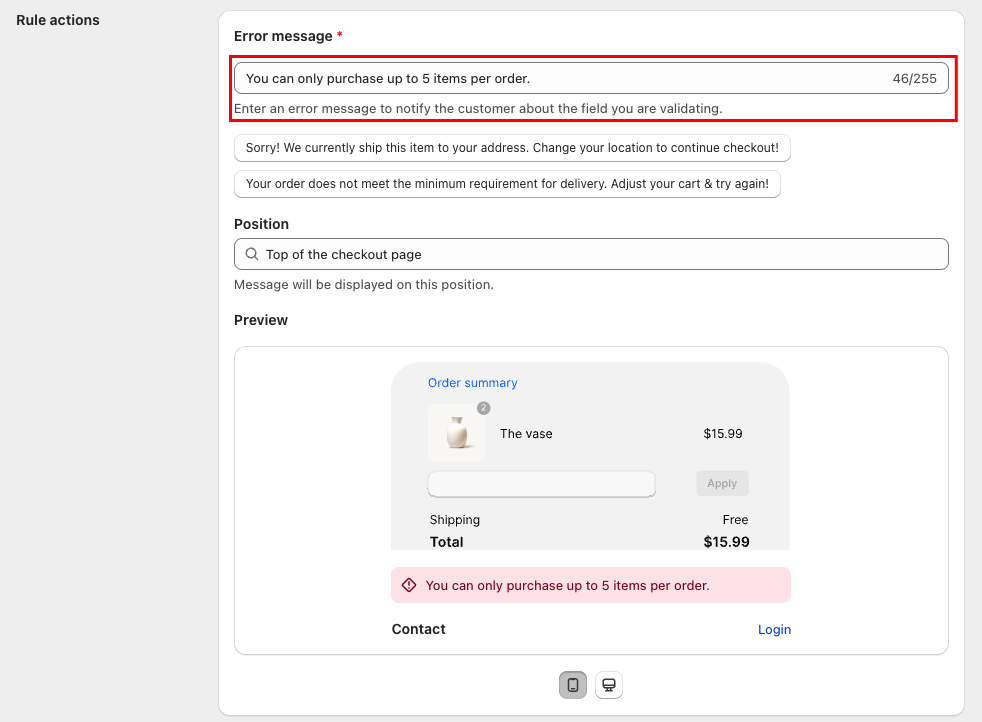 write a message shown at checkout when the rule is triggered