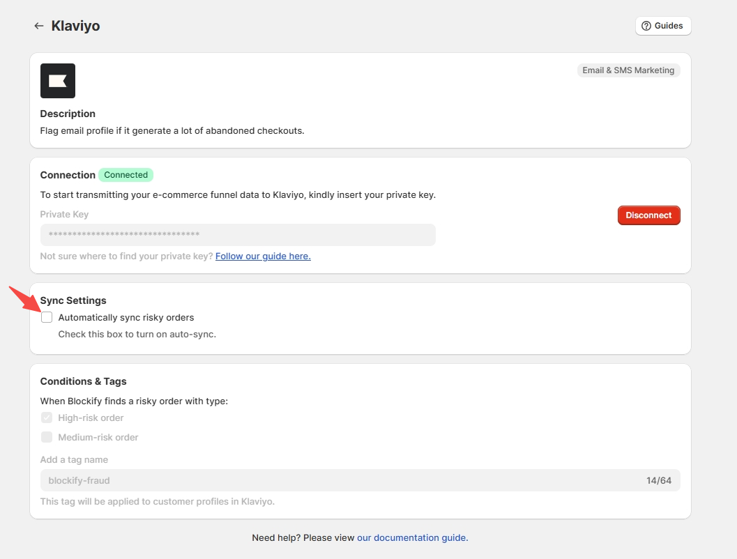 Enable the integration Klavio in Blockify - Configure sync settings