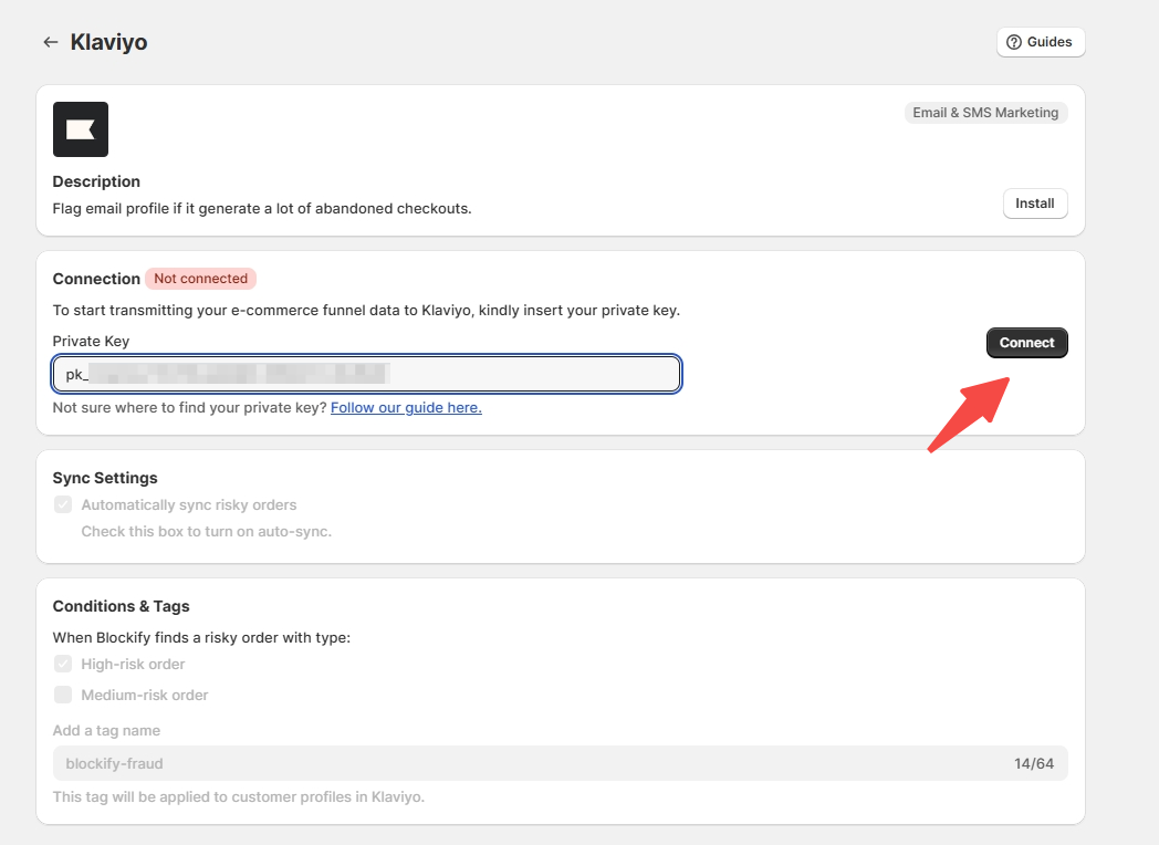 Enable the integration Klavio in Blockify - Connect button