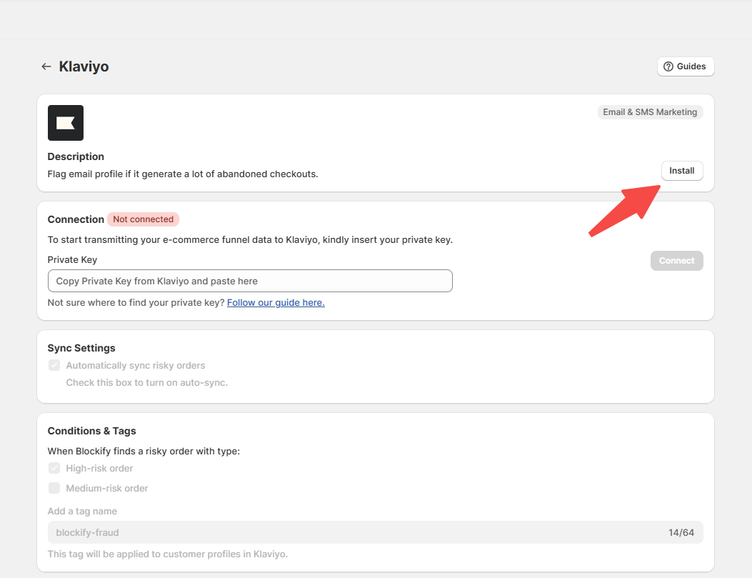 install Klaviyo by clicking the “Install” button.