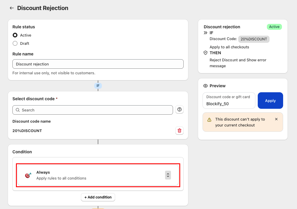 Blockify set up Discount Rejection