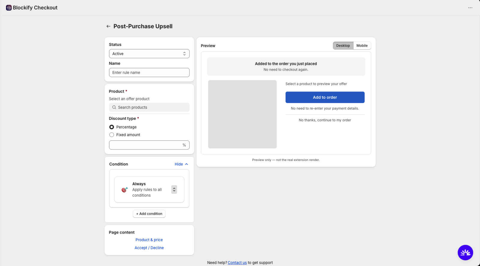 Create an post-purchase upsell offer on Blockify