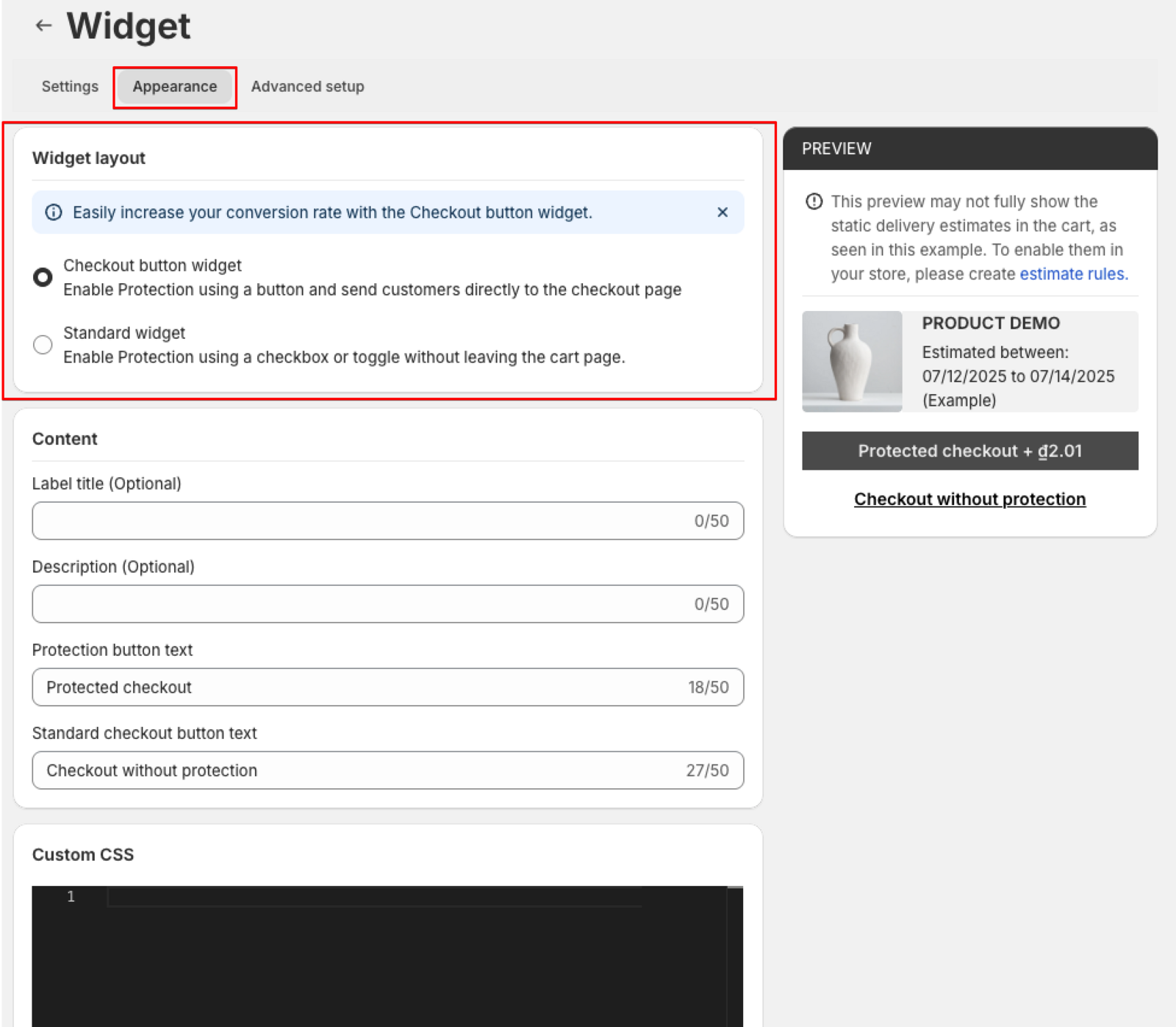 How the widget is displayed on the cart page.